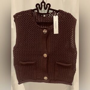 NWT Vigoss Crochet Sweater Vest Chocolate Brown Gold Buttons - Size L